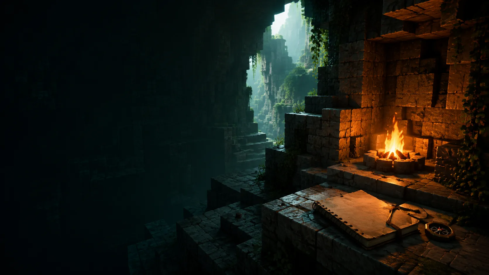 A campfire and notebook in a stylized stone cavern